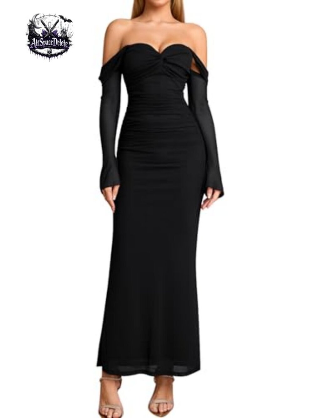 Off Shoulder Long Sleeve Bodycon Ruched Formal Maxi Dress